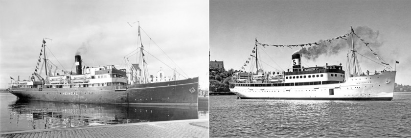 Heimdal 1914 och BRYNHILD nyombyggd utanför Finnboda Varv i september 1936. Foto Erik Holmberg, Sjöfartstidningens arkiv