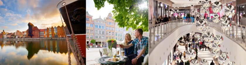 Gdansk vid floden Motlawa, fika i det vacka centrum, norra Polens största shoppingcenter Centrum Riviera